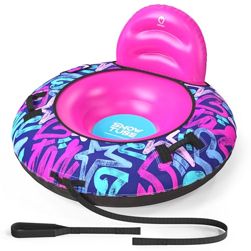 QPAU 44-Zoll-Rückenlehnen-Schneereifen – aufblasbarer Schlitten, Tragkraft 500 lb, inklusive Abdeckung, Griff und Zugseil, für Kinder und Erwachsene geeignet, mit Schnellverschlussventil (Rosa)