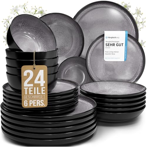 Steingut Geschirrset 6 Personen Ibiza 24 tlg. TESTSIEGER, Traumhaftes Mediterranes Steingut Geschirr Set, Schüssel- und Teller Set, Tafelservice 6 Personen, Geschirrsets Pure Living in Grau