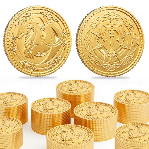 Byhoo Goldmünzen 50 STK, Dragon Yue DND Metallmünzen mit Lederbeutel, Robuste Zinklegierung Doppelseitige Drachen & Axt Relief Token, Fantasy Tabletop RPG Brettspiel Schatz