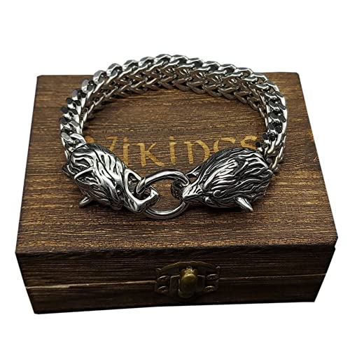 ZFSBRTL Königskette Silber 3D Wolfskopf Armband, Herren Edelstahl Wikinger Odin Wolf Panzerkette Totenkopf Armband Vintage Amulett Schmuck Geschenke mit Holzkiste,19cm
