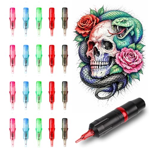 GBK 20 Stück Tattoo Kugelschreiber Patronen, Ballpoint Pen Tattoos Cartridge, Tattoo Ball Point Pen Cartridges für Dotwork & Zeichnen, Tattoos Zubehör, Übungsnadeln für Anfänger & Künstler (Gemischt)