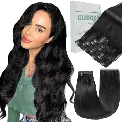 GUDOZO Clip in Extensions Echthaar 35cm Natürliches Schwarz Invisible 7pcs Haarverlängerung Skin Weft 80g (14 Zoll, 1B#)