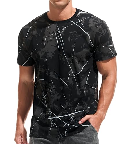 USALL Herren Sommer DruckT-Shirt 95% Baumwolle Casual Atmungsaktives Männer T-Shirt Kurzarm(09 Black L)