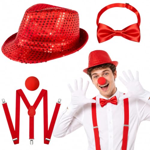 Letienti Rotes Clown Kostüm Accessoire Set für Damen & Herren-2 Varianten mit Hut/Perücke,Fliege,Hosenträger,Nase&Tutu-Rock für Karneval,Halloween&Zirkus-Party Outfit (Variante 1 mit Paillettenhut)