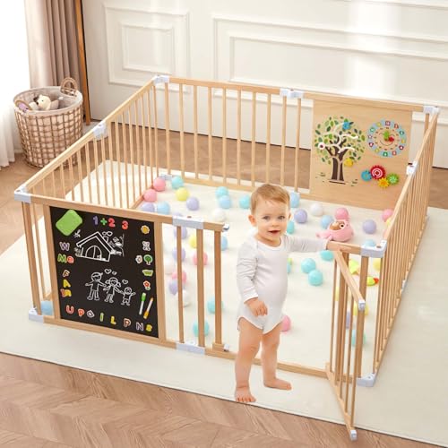 Baby-Laufgitter aus Holz mit Tür, austauschbarer und erweiterbarer Spielzaun für Kleinkinder, Holz-Laufstall für Kinder, Aktivitätszentrum mit Kreide-Whiteboard und Montessori-Spielen (66 cm hoch, 8