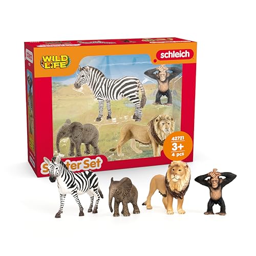 SCHLEICH WILD Life | Afrika Starter Set 42721 mit Elefant, Zebra, Löwe und AFFE | tolles Starterset, Zoo Spielzeug oder Safari Deko | Spielfiguren für Kinder ab 3 Jahren | Set aus 4 Teilen