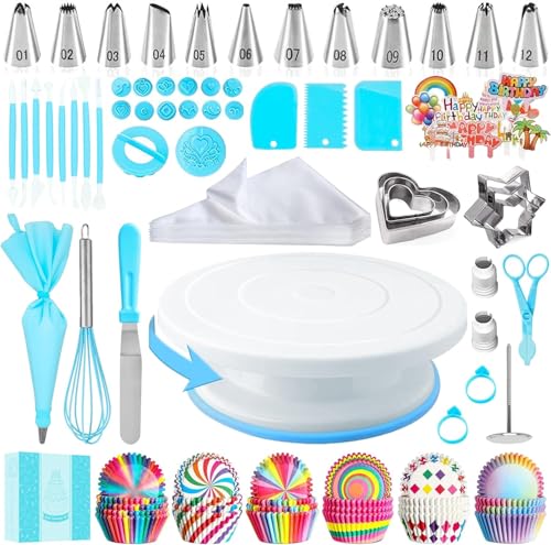 AZOMKER Torten Zubehör, Backzubehör, Tortenplatte Drehbar, Backset, Tortendrehteller, Spritztüllen Set (255 Stück)