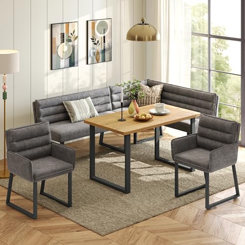 Merax Eckbankgruppe mit Tisch 140x80 cm, Essgruppe bestehend aus Eckbank & 2 Stühlen, Chenille-Stoff, stabiles Metallgestell, für Küche & Esszimmer, Grau + Holzfarben