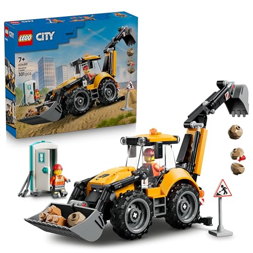 LEGO City Gelber Baggerlader - Baufahrzeug Spielzeug - Traktor mit 2 Minifiguren, funktionierender Frontschaufel und Heckbagger - Geburtstagsgeschenk für Jungen ab 7 Jahren - 60480