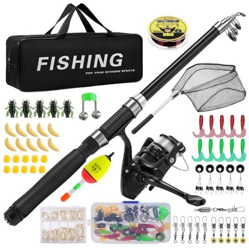 Lomffy Teleskop Angelruten und Rollen Kombi Set, 1.8M Angel Spinnruten Rollen Kombi Set mit Netto Kohlefaser Angelrute mit Tragetasche Angelrute Set mit Rolle Angelzubehör für Salzwasser Süßwasser