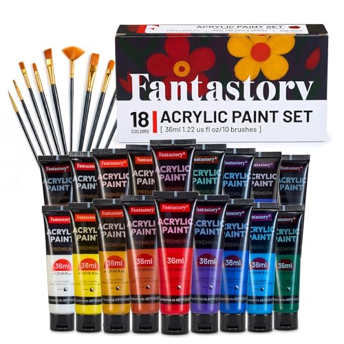 Fantastory Acrylfarben Set 18 x 36ml Tube, Acrylic Paint mit 10 Pinseln