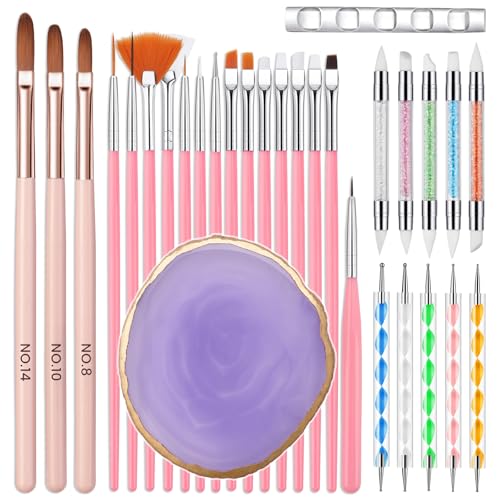Nagel Pinsel Set für Gelnägel: 31 Stück Nageldesign Werkzeugset Nail Art Kit With Display Ständer Palette Silikonpinsel Dotting Pen - Acryl UV Gel Pinsel Nagel Zubehör für Nägel Selber Machen