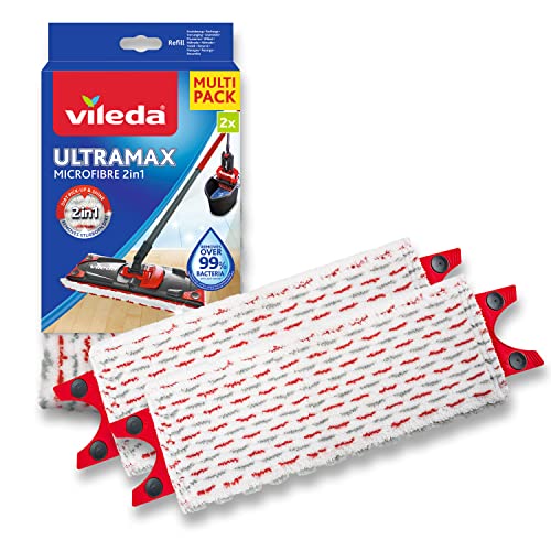 Vileda Ultramax Power Wischer Nachfüllpack, Mikrofaser, Blanc/Rouge Nachfüllpackung für Flachbesen, weiß/rot, 2 Stück (1er Pack)