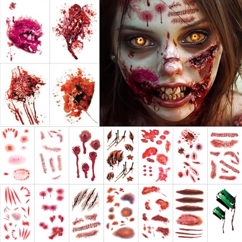 Narben Wunden Tattoo Realistisch Wunden Halloween Karneval Schminke Zombie Kostüm Kinder Damen Kunstblut Halloween Karneval Tattoo Gesicht Körper Make-up Requisiten - 18 Blatt
