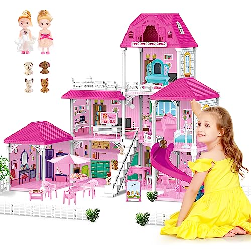 deAO Großes Puppenhaus Traumvilla für 3+ Mädchen Geschenk, 96 * 83 * 63 cm