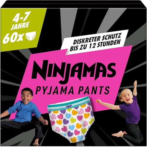 Ninjamas Pyjama Pants Herzen, 60 absorbierende Nachthöschen, 7 Jahre, 17kg-30kg, Auslaufschutz für die ganze Nacht