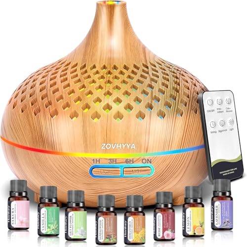 ZOVHYYA 500ML Aroma Diffuser für Ätherische Öle Aromatherapie-Diffuser mit 8 Ölen, Fernbedienung, 4 Timer, 14 Farben und 2 Sprühmodi(Goldgelb)