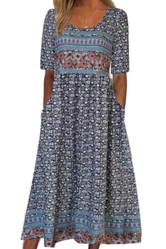 ABYOVRT Damen Kleider Lose Sommerkleid Lang Freizeitkleid Bohe Midikleid für Rundhals Strandkleid Blumenkleid Midi Kleid mit Taschen,XL