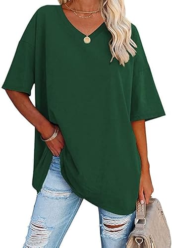 Ebifin Damen Oversize T Shirt mit V-Ausschnitt Kurzärmeliges Casual Lockere Basic Sommer Tee Shirts Bluse.Grün.XXL