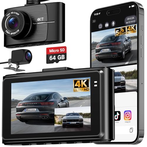 Wecool Dashcam Auto Vorne Hinten 4K+2.5K, Dashcam 2 Kanal 170°+150° Weitwinkelüberwachung, Dash Cam mit 64GB SD-Karte, 5GHz WiFi Übertragung, Nachtsicht, G-Sensor, Loop-Aufnahme, 24/7 Parküberwachung