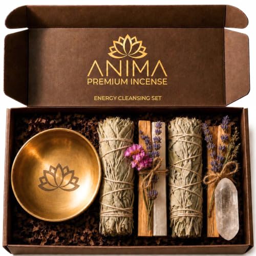 Anima Premium Räucherset – Weißer Salbei Räuchern, Palo Santo Räucherholz, Bergkristall & Selenit mit Räucherschale für Kristalle & Hausreinigung, Meditation & Manifestation
