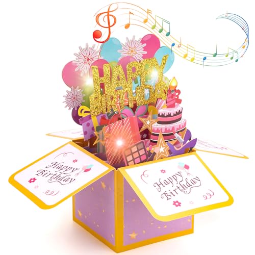 MOWETOO Happy Birthday Geburtstagskarte mit Musik, LED-Lichtern und ausblasbaren Kerzen – 3D Pop-Up Geschenkbox und Geburtstagsgeschenk für Frauen, Männer, Kinder & Erwachsene
