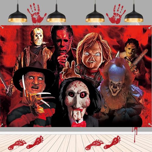Horrorfilm Poster Banner Deko 1 Stück 185x110cm Schwarz Rot für Halloween Party Geburtstag Fotohintergrund Killer Motiv