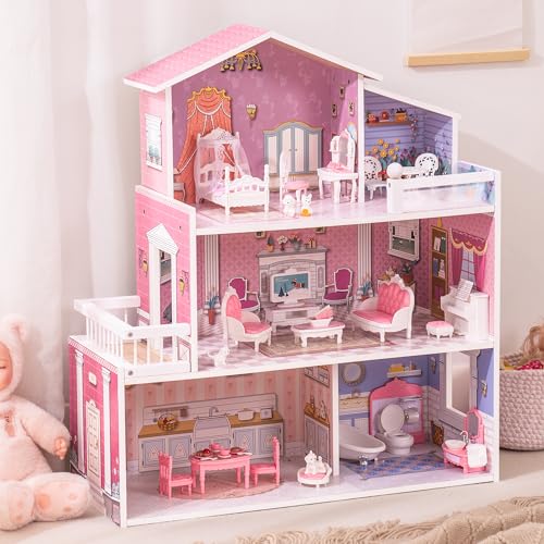 ROBUD hölzernes Puppenhaus Spielset, 3 Geschichten, 5 Zimmer, 24 PCS Möbel, vorgeben Spiel Spielzeug Geschenk für Kinder Kleinkinder Mädchen
