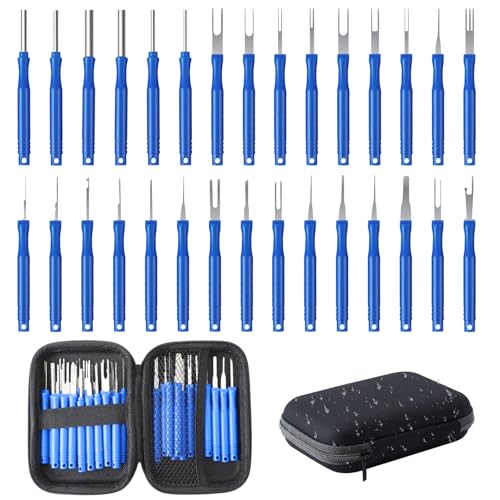 QINGHEC 30 Stück Terminal Entfernung Auspinwerkzeug, Auspinwerkzeug Kfz Entriegelungswerkzeug Auto Kabel Stecker, Terminal Entfernung Werkzeugsatz mit Box für Meisten Steckverbinder Terminals (blau)