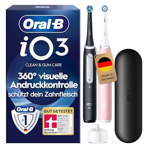Oral-B iO Series 3 Elektrische Zahnbürste — Doppelpack — Electric Toothbrush, Inkl. 2 Aufsteckbürsten, 3 Putzmodi für Zahnpflege — Designed by Braun, GUT GETESTET von STIFTUNG WARENTEST, Schwarz/Rosa