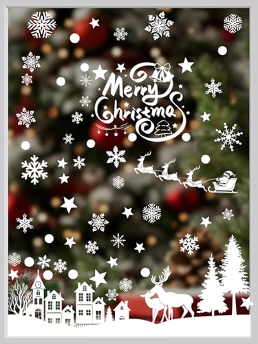 216 Weihnachtsdekoration Fenster statische Aufkleber, Weihnachtsfensteraufkleber mit Schneeflocken und Rentieren, wiederverwendbare PVC-Fensteraufkleber für Winter Weihnachtsfensterdekoration