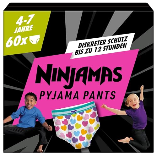Ninjamas Pyjama Pants Herzen, 60 absorbierende Nachthöschen, 7 Jahre, 17kg-30kg, Auslaufschutz für die ganze Nacht