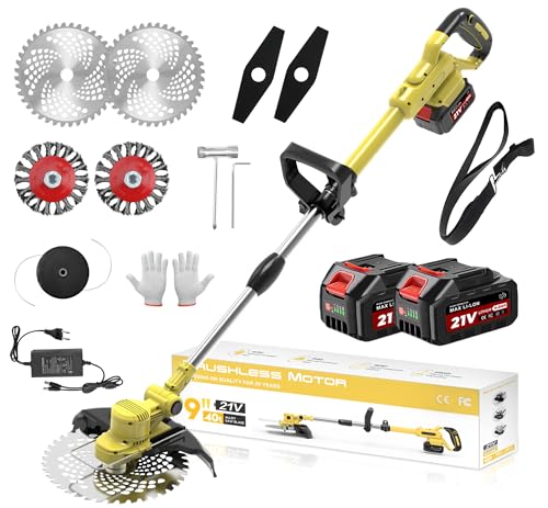 TerraKraft 21V Rasentrimmer mit Akku, 750w Akkus Rasentrimmer, Freischneider Akkus, Die Teleskophöhe 100cm - 145cm Motorsense Akkus, 90° Trimmwinkel(Inkl2 x 4,0Ah Akku) (Gelb)