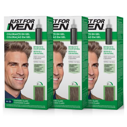 Just For Men Tinte Colorante en Gel, Coloración Masculina, Cubre Las Canas, Devuelve Tu Color Original Para Una Apariencia Natural - Tono Castaño Claro, H25 (3 Pack)