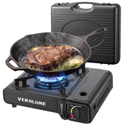 Veralune Campingkocher mit Piezozündung, Gaskocher 1-flammig, Tragbarer Camping Herd mit Tragekoffer, 2,2 KW für Camping, Outdoor, Stromausfall, Reise