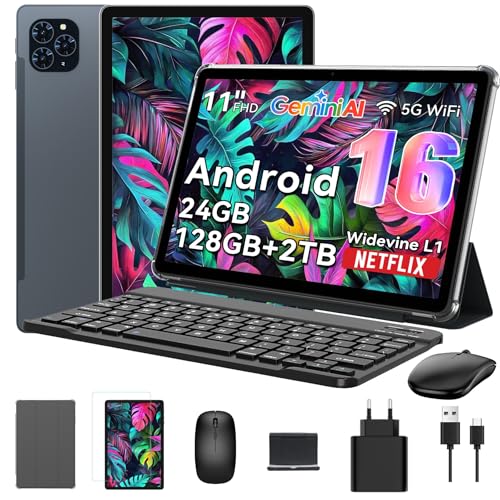 Tablet 2025 Das weltweit erste Android 16 Tablets mit Gemini AI, 11 Zoll FHD Display, 24GB RAM 128GB ROM / 2TB TF, 13MP Kamera, 8000mAh, Widevine L1, 5G WiFi, 2 in 1 - Tablet mit Tastatur und Stift