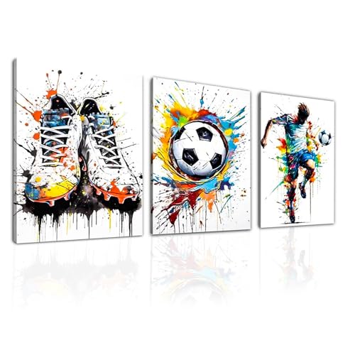 Rongxze 3 Stück Graffiti Jungenzimmer Wandbilder, Gemälde mit Fußballschuhen, Ball & Spieler, Sport-Dekoration für Schlafzimmer, Spielzimmer, Jungenzimmer, Wohnzimmer (40 * 30cm)
