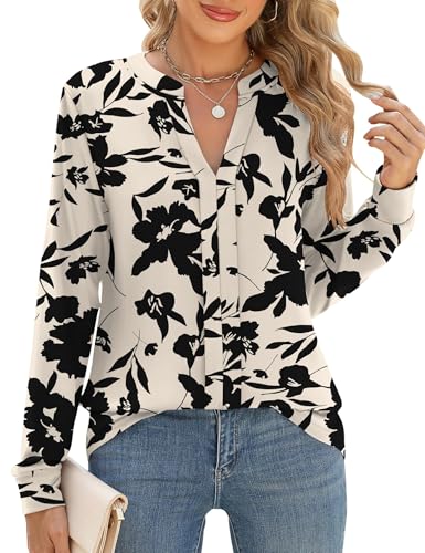 IECCP Langarmshirt Damen Elegant V-Ausschnitt Bluse Oberteile Herbst Lockere Longshirt Blusen Basic Hemd Tops Kleidung Apricot Blumen XL