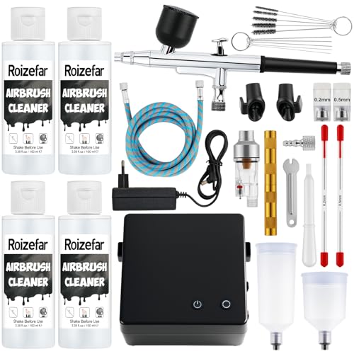 Roizefar Airbrush Set mit Kompressor, 55 PSI verstopfungsfreie Double-Action-Airbrushpistole, 4×100 ml Reiniger, 0,2/0,3/0,5 mm Düsen & Reinigungsbürste, ideal für Malerei, Modellbau und Nail Art