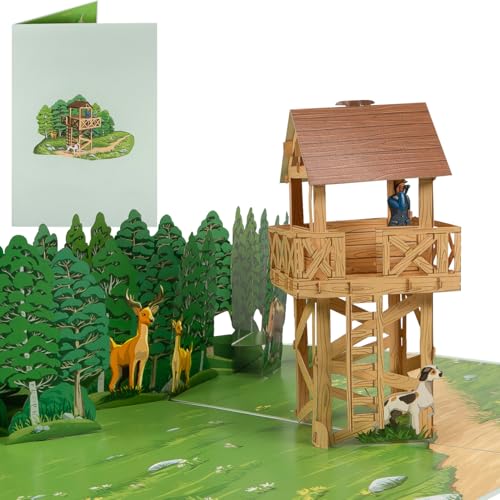 Sweetpopup® Pop-Up Karte für Jäger & Förster – Mit 3D Hochsitz, Wald und Wildtieren – Perfekt zum Geburtstag, Urlaub, Ruhestand oder als Gutschein & Geldgeschenk für Jagd & Jagdschein / 096