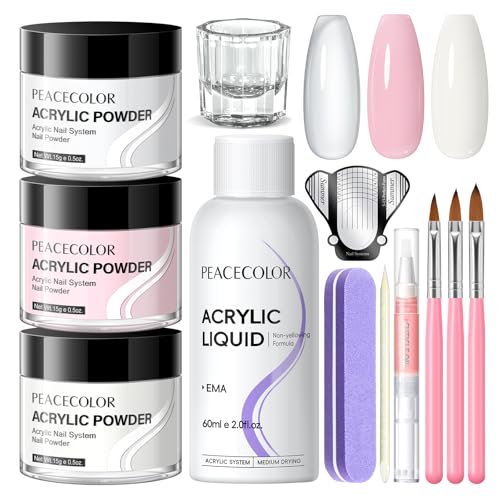 PEACECOLOR Klar Weiß Rosa 3 Farben AcrylPulver und Acryl Flüssigkeit Set mit Pinsel Maniküre Werkzeuge Professionelle Acryl Nagelset Starterset Komplett für Home DIY Nail Art Salon verwenden