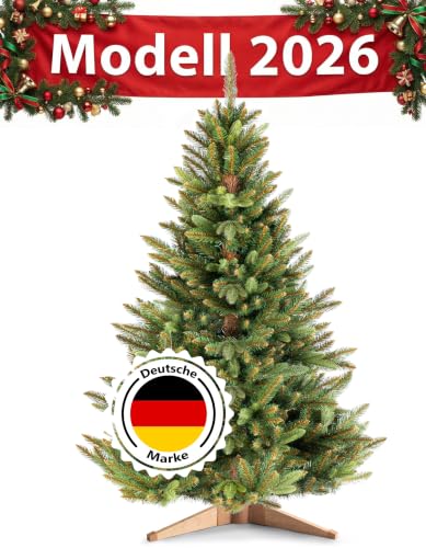 RESTILO Premium Künstlicher Weihnachtsbaum 150 cm - Naturgetreu, dichte Zweige Ø 95 cm | Nordmanntanne mit braunem Stamm & Holzständer | 10 Jahre Garantie | Tannenbaum künstlich I Made in EU