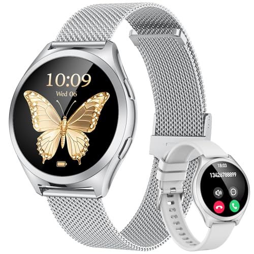 Silber Smartwatch Damen Armbanduhr Rund: Smart Watch Damen Metallarmband Telefonfunktion Schrittzähler Schlafmonitor Herzfrequenz Blutdruck Wasserdicht 1,27