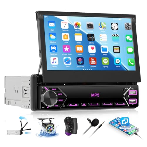 SIXTOP 1 din Autoradio mit 7 Zoll versenkbarem Bildschirm, Single Din Radio Autoradio mit Wired Mirrorlink,Bluetooth Freisprecheinrichtung FM Type-C 2USB AUX EQ MIC SWC+Rückfahrkamera