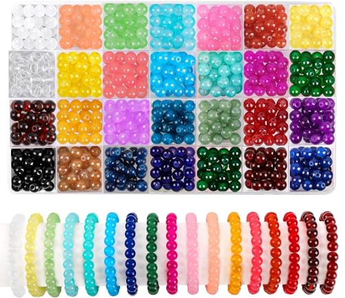 DTYDECLE 504 Stück 8mm Bunte Glasperlen zum Basteln, 28 Farben runde Bunte Basteln Perlen Schmucksteine mit Loch für die Herstellung von Schmuck Armbänder DIY Handwerk