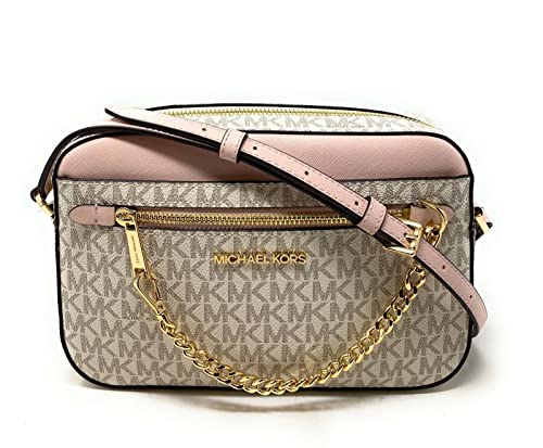 Michael Kors Jet Set East West Chain Crossbody Vanilla MK Powder Blush Pink Bundled with Michael Kors Jet Set Card Holder in Ballet