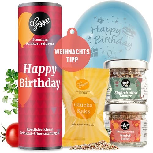 Gepp‘s Feinkost Kleines Geschenkset Happy Birthday I Geschenk gefüllt mit leckeren Delikatessen I Geburtstagsgeschenk & Mitbringsel für Erwachsene I Kleine Geschenkidee mit Gourmet Produkten
