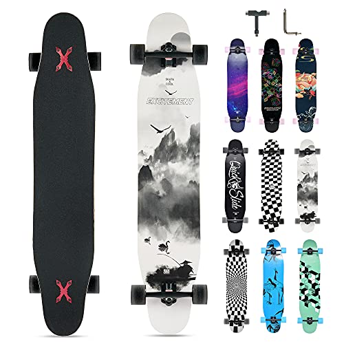 Opurtdor Longboard 118CM Profi Skateboard Komplettes Cruiser Trick 8 Etagen Ahornholz Wood Schwarzes Longboard für Anfänger Erwachsene Teens Mädchen Jungen (Landschaften)