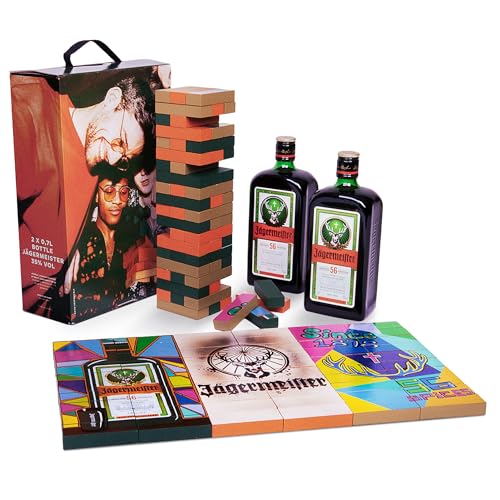 Jägermeister Set Meister Bricks - 2 x 0,7l Premium Kräuterlikör 35% Vol. und Meister Bricks Holz Stapelturm – für Spieleabend und als Partyspiel, Jägermeister Geschenkset - Geschenkidee