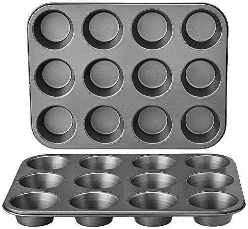 Amazon Basics Rund Backblech für Muffins, antihaftbeschichtet, Karbonstahl, 2er-Pack, Grau, 13.9